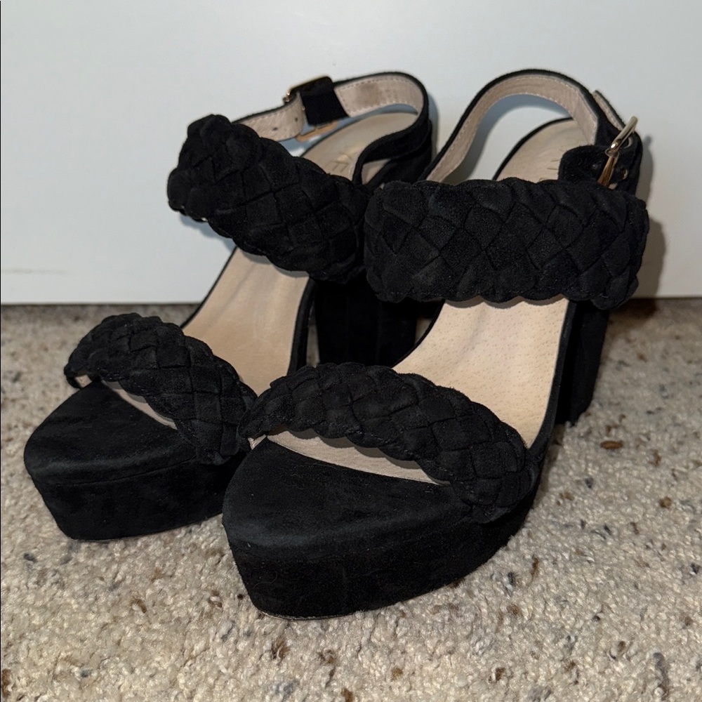 Raye braided black suede platform heels